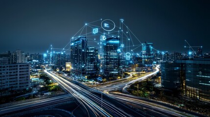 Aufkleber - Futuristic city networking scene urban metropolis nighttime view high-tech environment digital connectivity concept