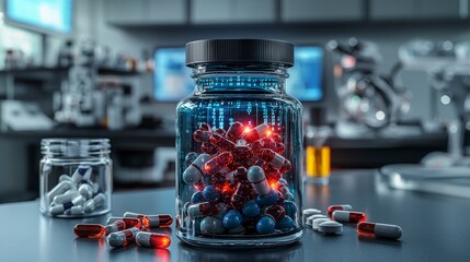 Poster - Innovative personalized medicine research in a laboratory science concept high-tech environment close-up view