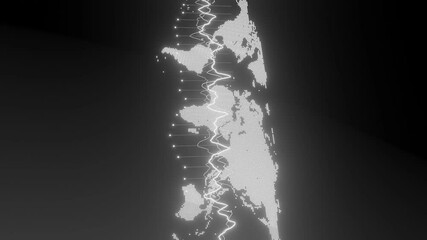 Wall Mural - vertical world map in digital dotted style with dynamic glowing data lines on a dark background. abs