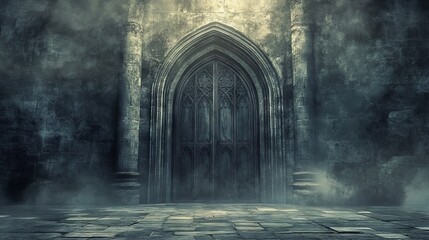 Poster - A dark, ominous castle entrance with a foggy atmosphere. The door is open, revealing a large, empty room