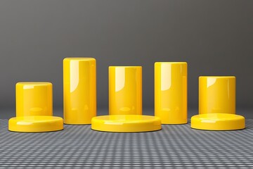 Wall Mural - Six yellow glossy podiums on a grey grid background.