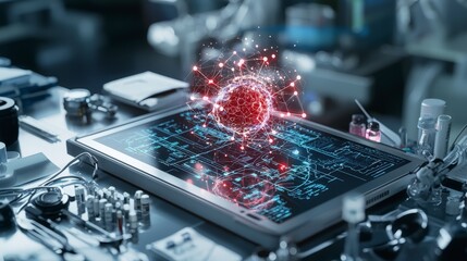 Fototapete - Innovative ai tools showcase digital workspace technology visualization modern lab close-up perspective digital innovation