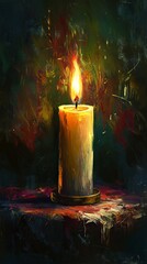 Wall Mural - A painting of a candle with a single flame. The painting is in black and white with a red background. The mood of the painting is calm and peaceful