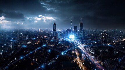 Aufkleber - City skyline illuminated by digital infrastructure a futuristic urban landscape at night