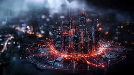Aufkleber - Futuristic city skyline glowing with digital infrastructure urban landscape night view technology concept