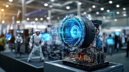 Aufkleber - Futuristic expo showcasing cutting-edge technology innovations in an urban convention center environment