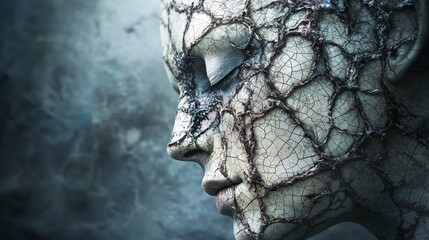 Poster - Enigmatic hyperrealistic handdrawn artwork of a cracked face art studio visual art creative space close-up abstract concept