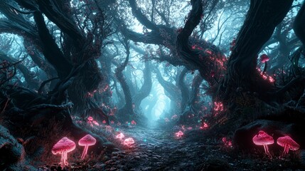 Wall Mural - Enchanted adventure glowing mushrooms in a pixel forest fantasy realm nature scene dreamlike ambience