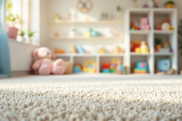 close-up of soft beige carpet in a cozy nursery room, blurred background showing toys and shelves in