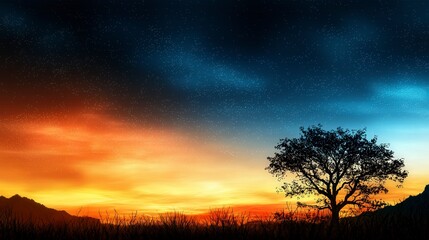 Poster - Vibrant sky gradient transitioning over silhouetted tree scenic landscape nature photography twilight viewpoint
