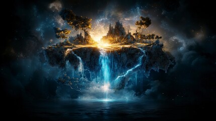 Aufkleber - Surreal floating landmasses landscape digital art fantasy environment dreamlike atmosphere aerial view pixelated concept