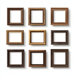 Aufkleber - Empty Wooden Wall Frames set. Vector Realistic wood picture frame mockup template with shadow on transparent background. Mockup for poster, banner, photo gallery, painting, presentation.