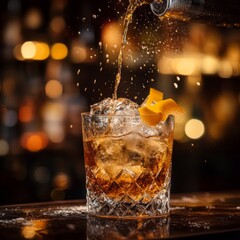 Leinwandbilder - Golden cocktail in the glass with one ice cube and orange zest on the bar counter in the dark blurred background in the smoke