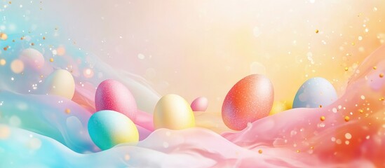 Wall Mural - Colorful Easter Eggs on Soft Pastel Background Abstract Holiday Design with Blank Space for Personalization and Festive Greetings