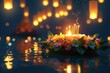 © Koon - Krathong made from banana leaves And the bright candle in the middle is floating in the Loy Kratong Festival river bokeh style background