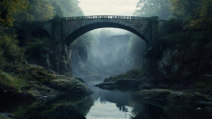 Sticker - Ancient Stone Bridge in Misty Forest Landscape