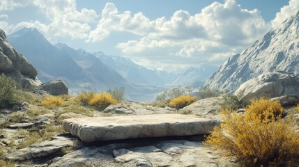 Wall Mural - podium set among boulders and rugged terrain in a high mountain valley