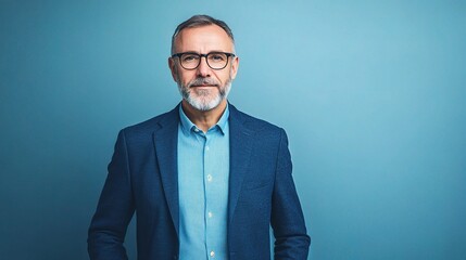 Wall Mural - Confident Middle-Aged Man in Blue Blazer and Shirt Against Blue Background