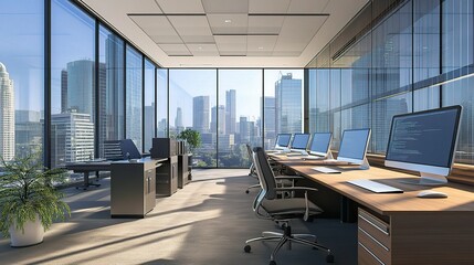 Wall Mural - Modern Office Interior with Skyscraper View in Urban Environment