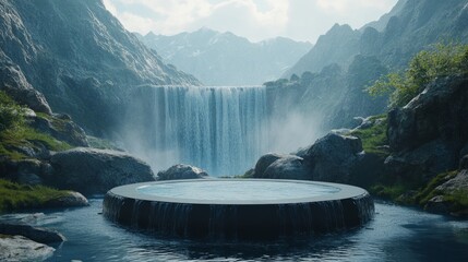 Wall Mural - podium surrounded by cascading waterfalls in a lush mountain valley