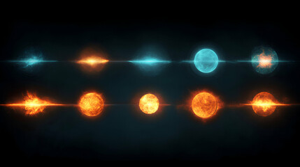 Wall Mural - celestial fire & ice, cosmic energy explosions, glowing spheres radiate power across the dark expans