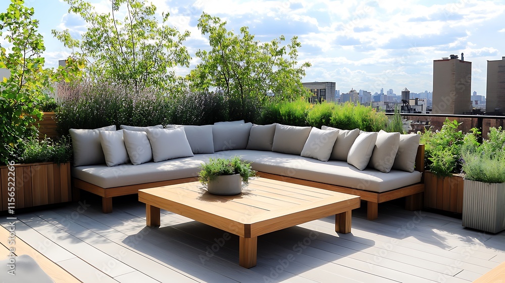 Roof garden with sofa and a table with sky and city view in background ...