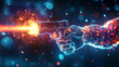 © Nari - The hologram the shooter. A man shoots a gun. Flickering energy flux of particles. The scientific design of the weapon.