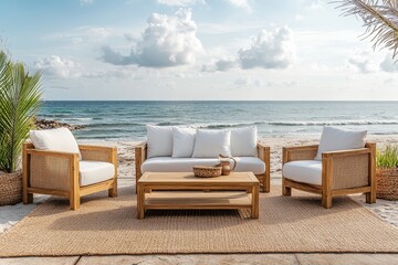 Outdoor furniture set with sofa, two chairs, and coffee table, natural wood finish and white cushions, beach background, summer collection.