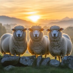 Wall Mural - Three Fluffy Sheep Sunrise Meadow Stone Wall Scenic View