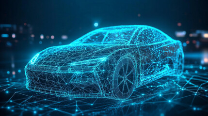 Wall Mural - a hologram of an electric car. an electric car made of polygons, triangles of dots and lines. the el