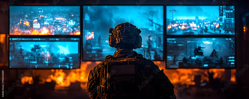 Military Strategist Monitoring Combat Zones via Multiple Screens ...
