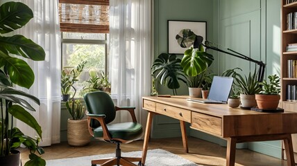 A small office with a desk, chair, and potted plants. The desk has a laptop on it and a picture of a plant. The room is decorated with green plants and has a window with curtains