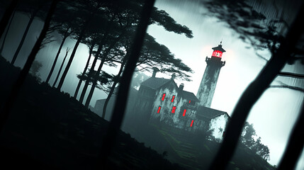 Wall Mural - Haunted Lighthouse & Mansion, Mystery Unveiled in the Foggy Woods