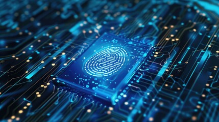 Wall Mural - a digital fingerprint overlay on a circuit board, symbolizing cybersecurity and identity protection.