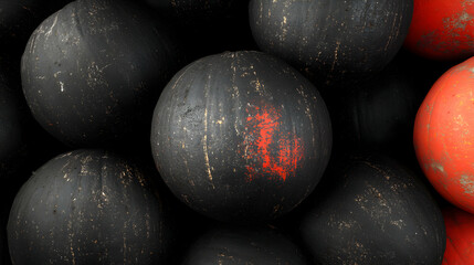 Wall Mural - Textured Spheres, A Study in Contrast and Composition.  Black balls with one red accent stand out dramatically against a dark background.