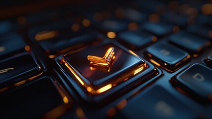 Close up of a glowing golden checkmark key on a futuristic keyboard.