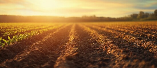 Poster - Freshly harvested potatoes on fertile spring soil under a warm sunset with ample empty space for text and branding purposes