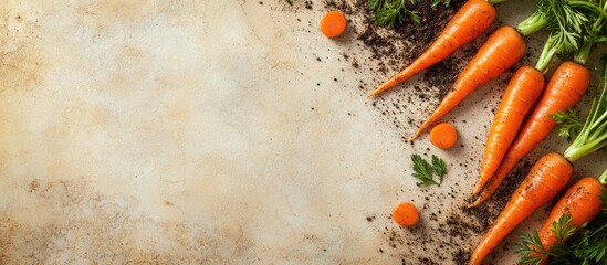 Poster - Freshly harvested carrots on rustic soil with empty space for text ideal for organic food, healthy eating, or gardening themes