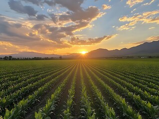 Green agriculture field with mountains in background and cloudy sky above, food industry and farming