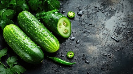 Fresh cucumbers sliced with green chili peppers on a rustic wooden table surrounded by parsley Healthy ingredients for nutritious meals