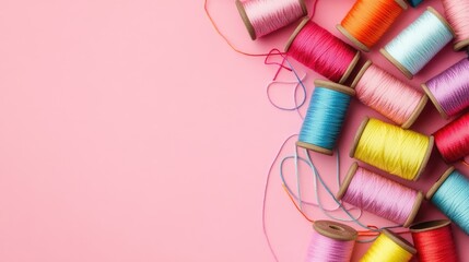 Colorful sewing spools scattered on a pink background with ample empty space for customizable text or design elements in sewing theme