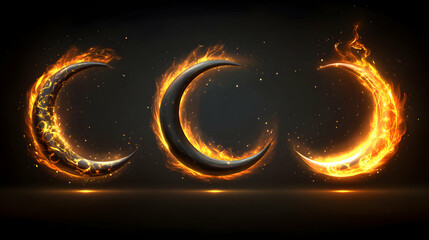 Wall Mural - Fiery Crescents, Celestial Flames Dance in Night, Mystical Moons Ignite with Passionate Ember