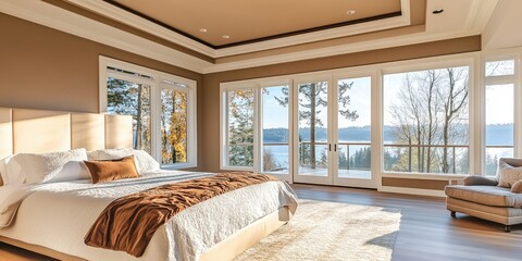 Wall Mural - Elegant bedroom interior with large windows showcasing a scenic view and ample copy space for text or branding purposes