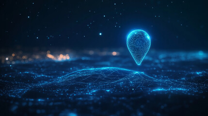 Wall Mural - blue pin composed of polygon. traveling digital concept. low poly vector illustration of a starry sk