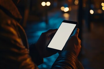 Close up view of a man using blank screen smartphone.