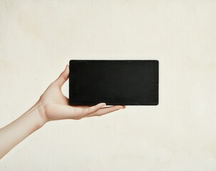 Canvas Print - Hand Holding Blank Black Rectangle Against Light Wall Background