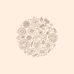 Fototapete - Round floral postcard template in linear style on a light background. Botanical postcard, banner, background template