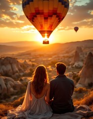 Wall Mural - Romantic scene with the back of a lovely couple sitting on the top of mountain and looking at hot air balloon floating above mountain valleys against sunset sky