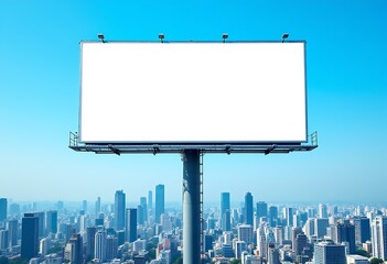 Wall Mural - A blank white billboard mockup stands above skyline cityscape view against blue sky, billboard mockup design