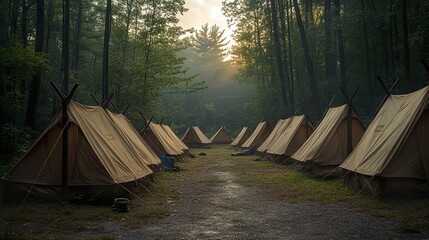 Canvas Print - Camping Adventure: Sunrise in a serene forest campsite